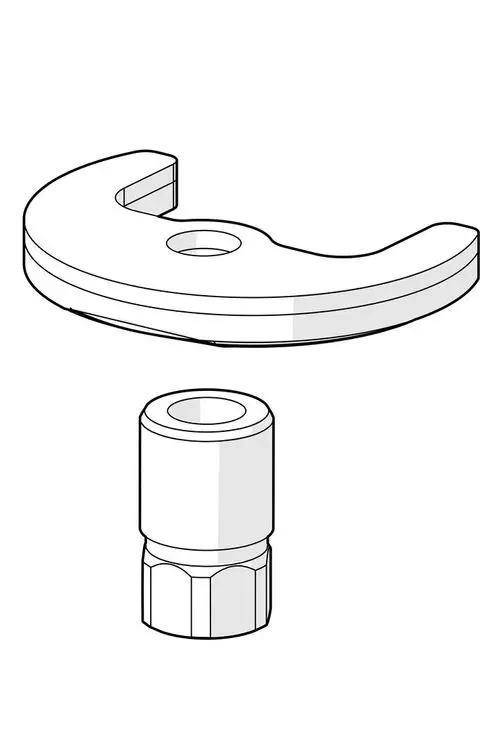 Befestigungssatz von HANSA, bestehend aus einer abgerundeten Platte und einem zylindrischen Element mit sechskantiger Unterseite.